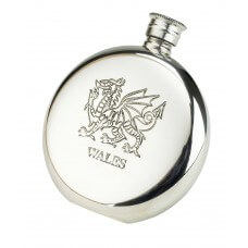 Personalised Wales Welsh Dragon  6oz Round English Pewter Hip Flask